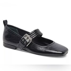 Dolce Vita Arora Black Leather Flats with Silver Buckle, Square Toe, Ballet, 6